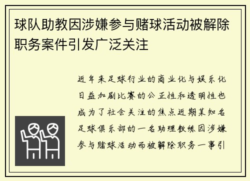 球队助教因涉嫌参与赌球活动被解除职务案件引发广泛关注