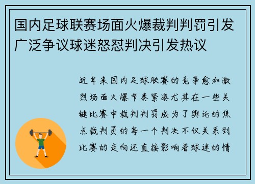 国内足球联赛场面火爆裁判判罚引发广泛争议球迷怒怼判决引发热议