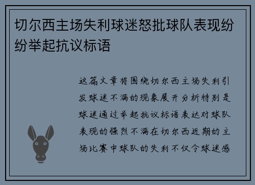 切尔西主场失利球迷怒批球队表现纷纷举起抗议标语